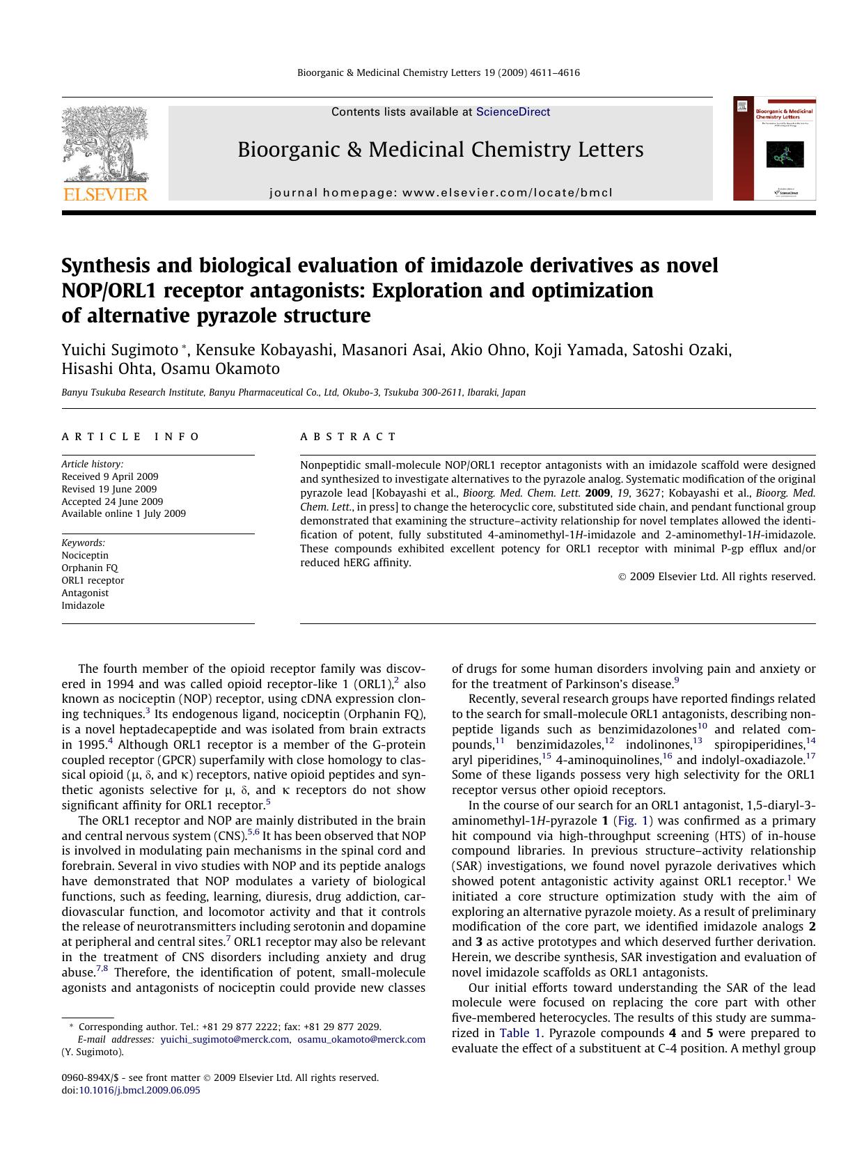 Synthesis and biological evaluation of imidazole derivatives as novel NOPORL1 receptor antagonists: Exploration and optimization of alternative pyrazole structure by unknow