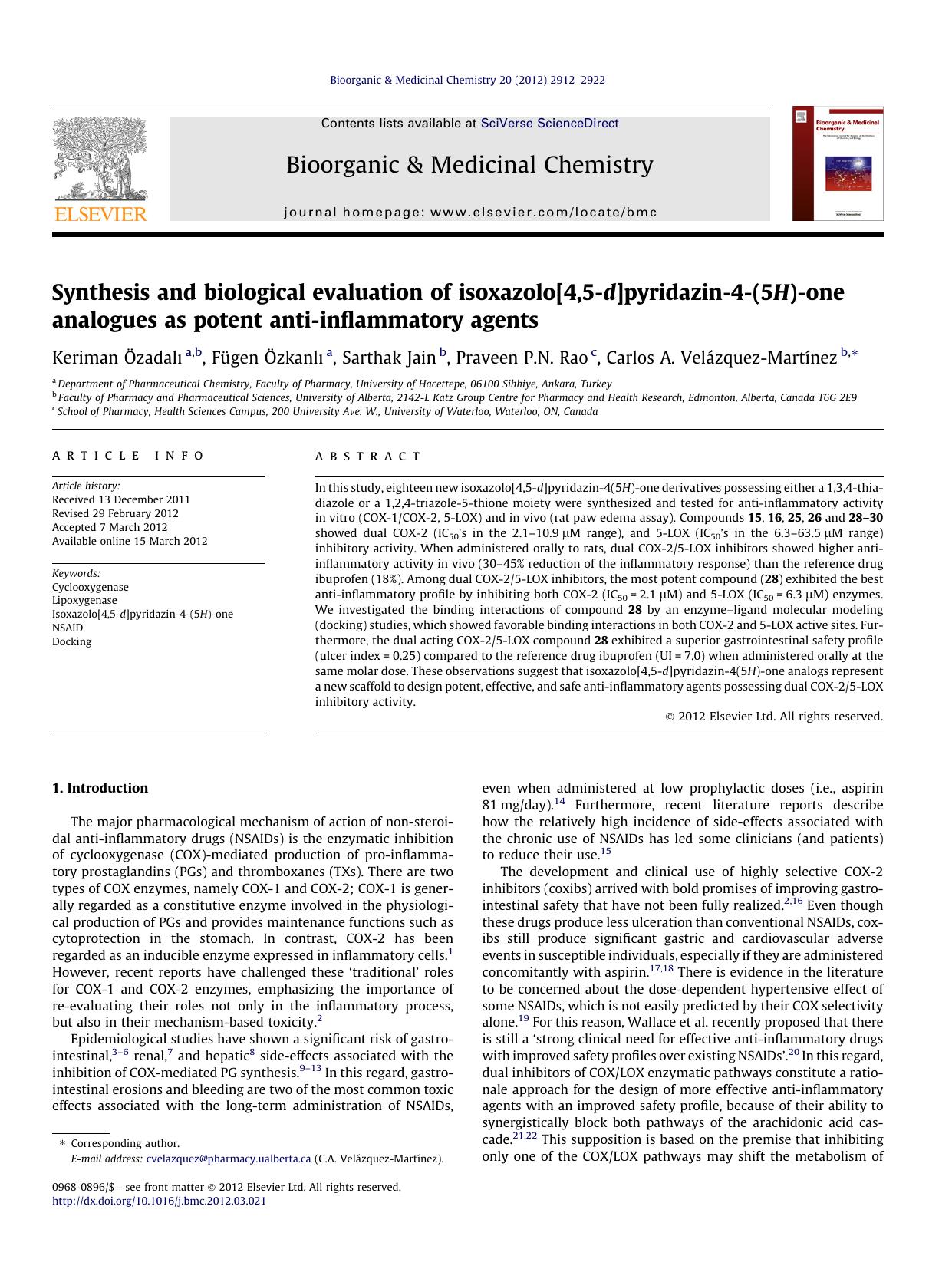 Synthesis and biological evaluation of isoxazolo[4,5-d]pyridazin-4-(5H)-one analogues as potent anti-inflammatory agents by unknow