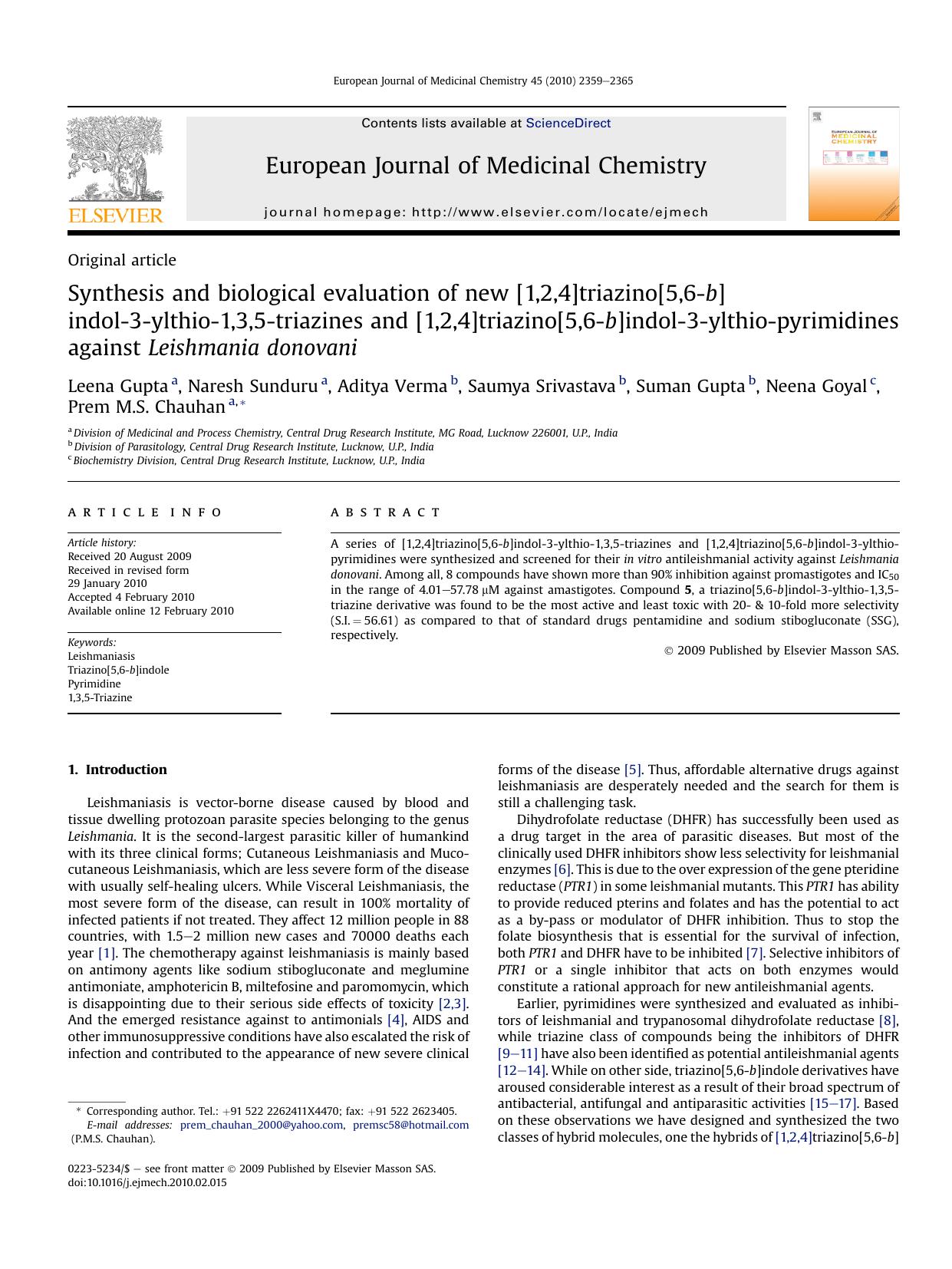 Synthesis and biological evaluation of new [1,2,4]triazino[5,6-b]indol-3-ylthio-1,3,5-triazines and [1,2,4]triazino[5,6-b]indol-3-ylthio-pyrimidines against Leishmania donovani by unknow