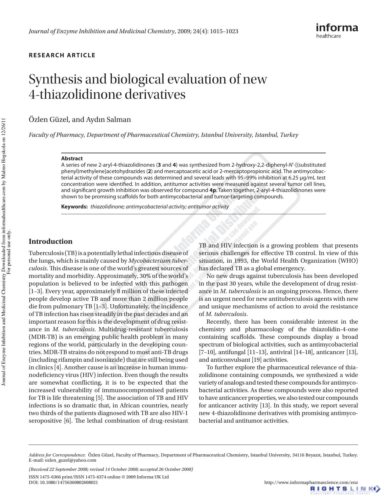 Synthesis and biological evaluation of new 4-thiazolidinone derivatives by Özlen Güzel Aydın Salman