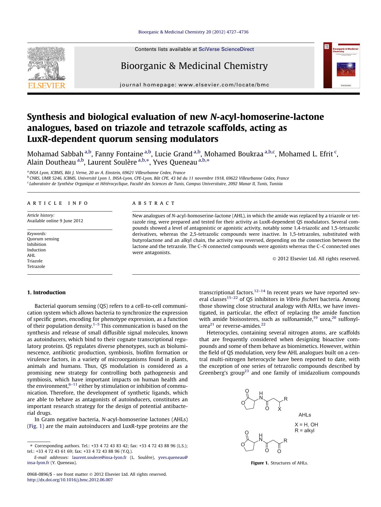 Synthesis and biological evaluation of new N-acyl-homoserine-lactone analogues, based on triazole and tetrazole scaffolds, acting as LuxR-dependent quorum sensing modulators by unknow
