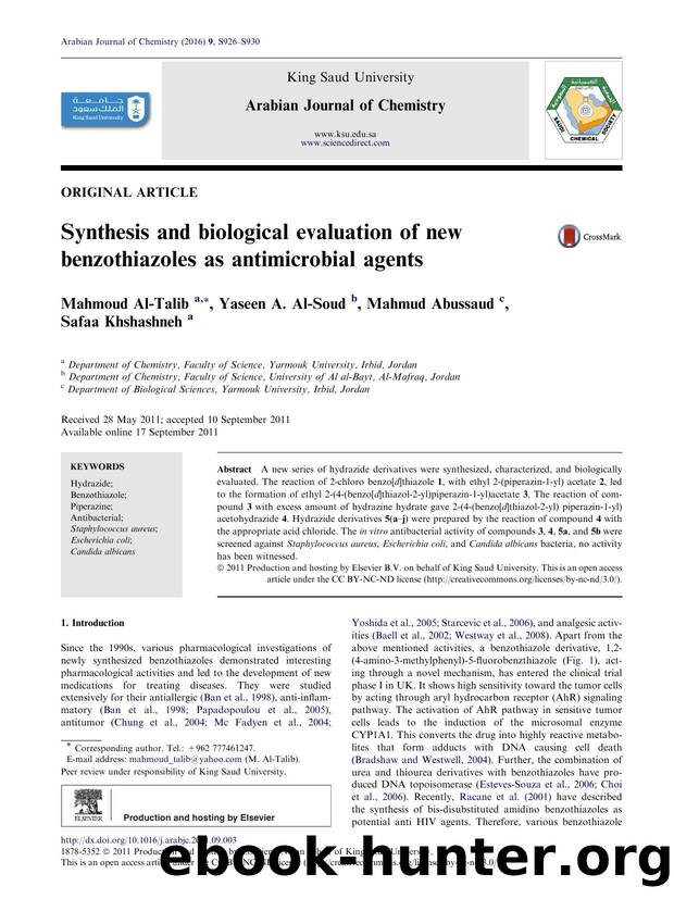 Synthesis and biological evaluation of new benzothiazoles as antimicrobial agents by Mahmoud Al-Talib & Yaseen A. Al-Soud & Mahmud Abussaud & Safaa Khshashneh