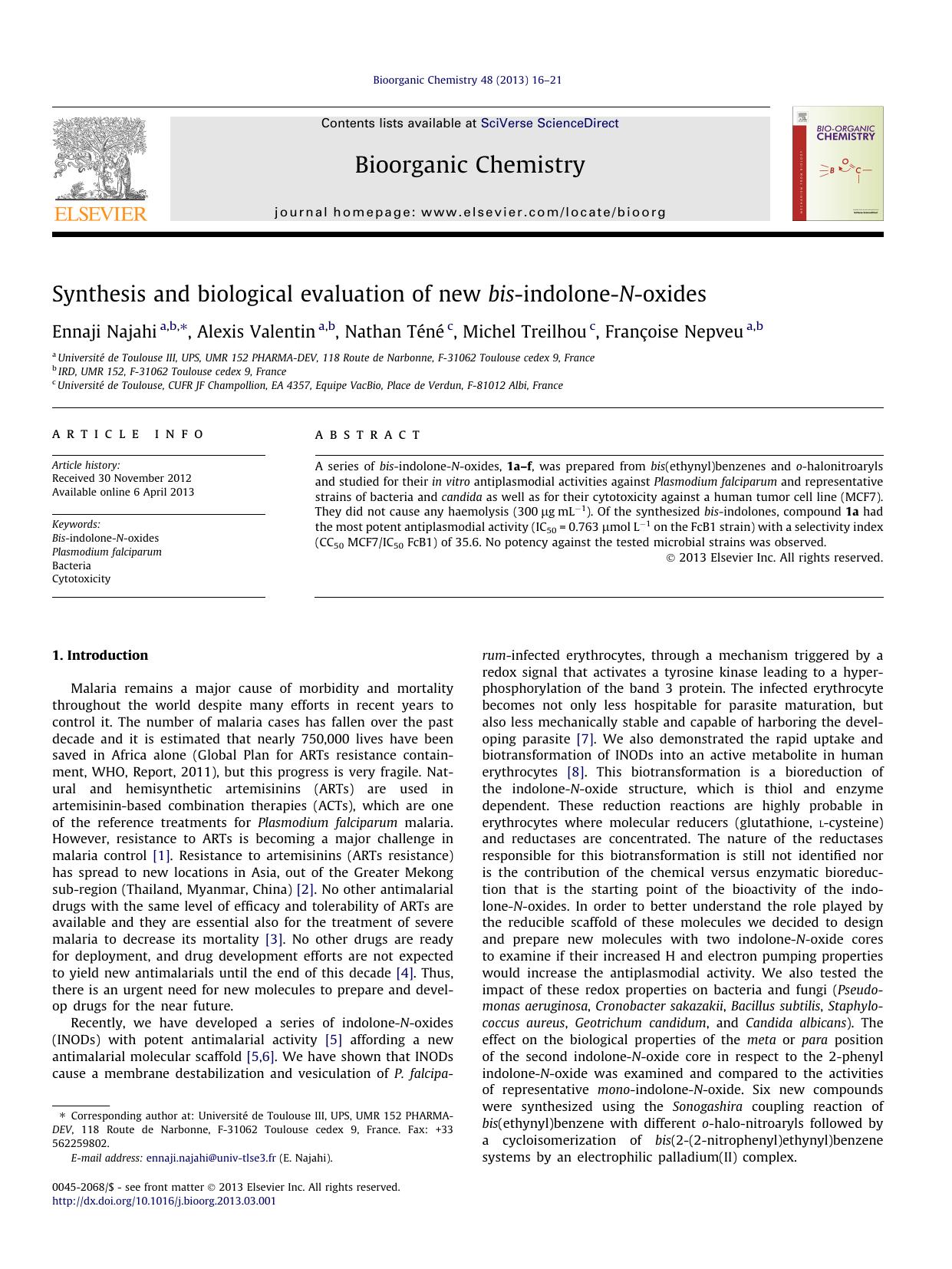Synthesis and biological evaluation of new bis-indolone-N-oxides by Ennaji Najahi & Alexis Valentin & Nathan Téné & Michel Treilhou & Françoise Nepveu
