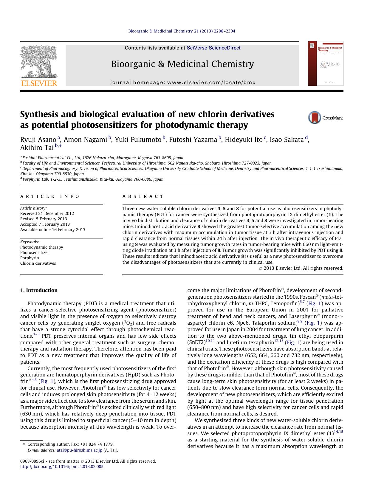 Synthesis and biological evaluation of new chlorin derivatives as potential photosensitizers for photodynamic therapy by unknow