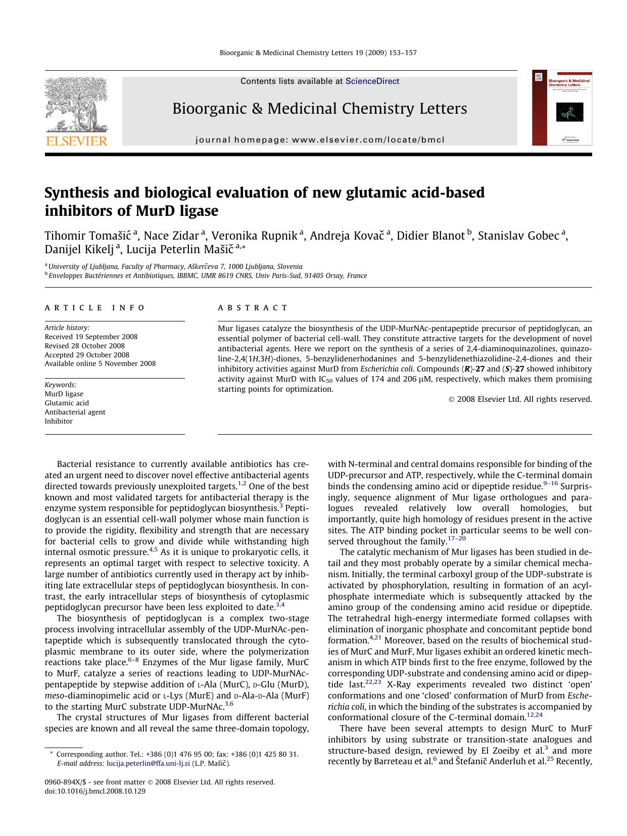 Synthesis and biological evaluation of new glutamic acid-based inhibitors of MurD ligase by unknow