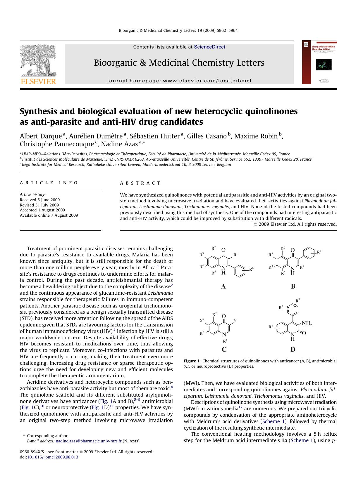 Synthesis and biological evaluation of new heterocyclic quinolinones as anti-parasite and anti-HIV drug candidates by unknow