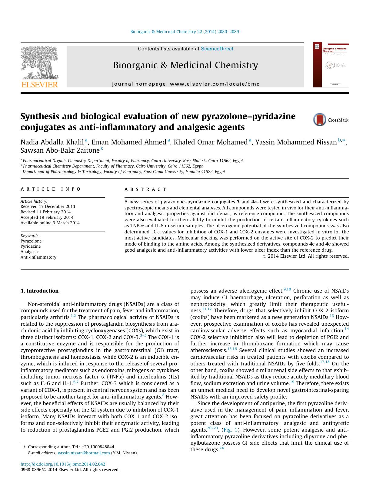 Synthesis and biological evaluation of new pyrazoloneÃ¢â¬âpyridazine conjugates as anti-inflammatory and analgesic agents by unknow