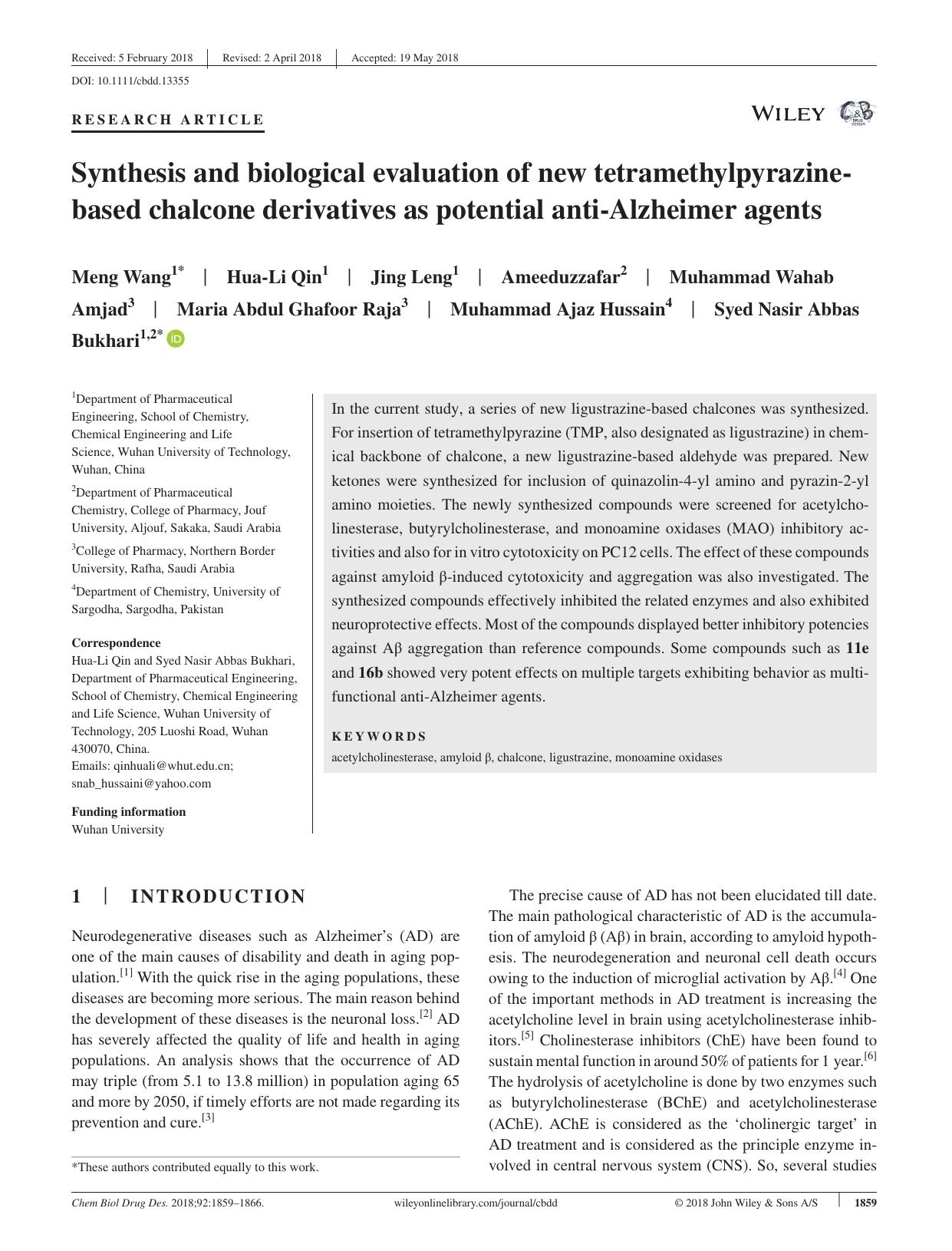 Synthesis and biological evaluation of new tetramethylpyrazine‐based chalcone derivatives as potential anti‐Alzheimer agents by unknow