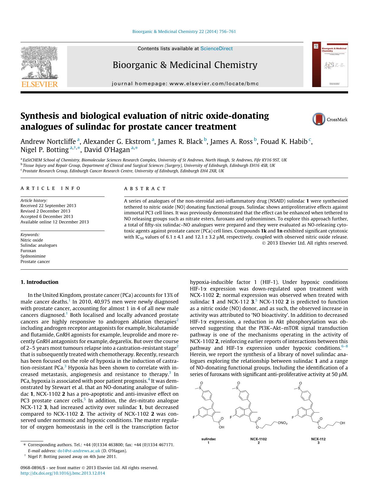 Synthesis and biological evaluation of nitric oxide-donating analogues of sulindac for prostate cancer treatment by unknow