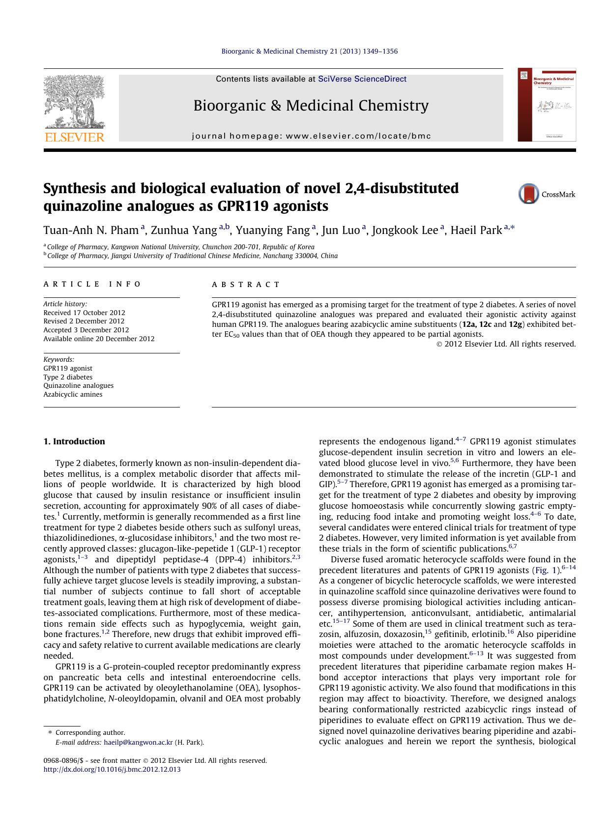 Synthesis and biological evaluation of novel 2,4-disubstituted quinazoline analogues as GPR119 agonists by Tuan-Anh N. Pham & Zunhua Yang & Yuanying Fang & Jun Luo & Jongkook Lee & Haeil Park