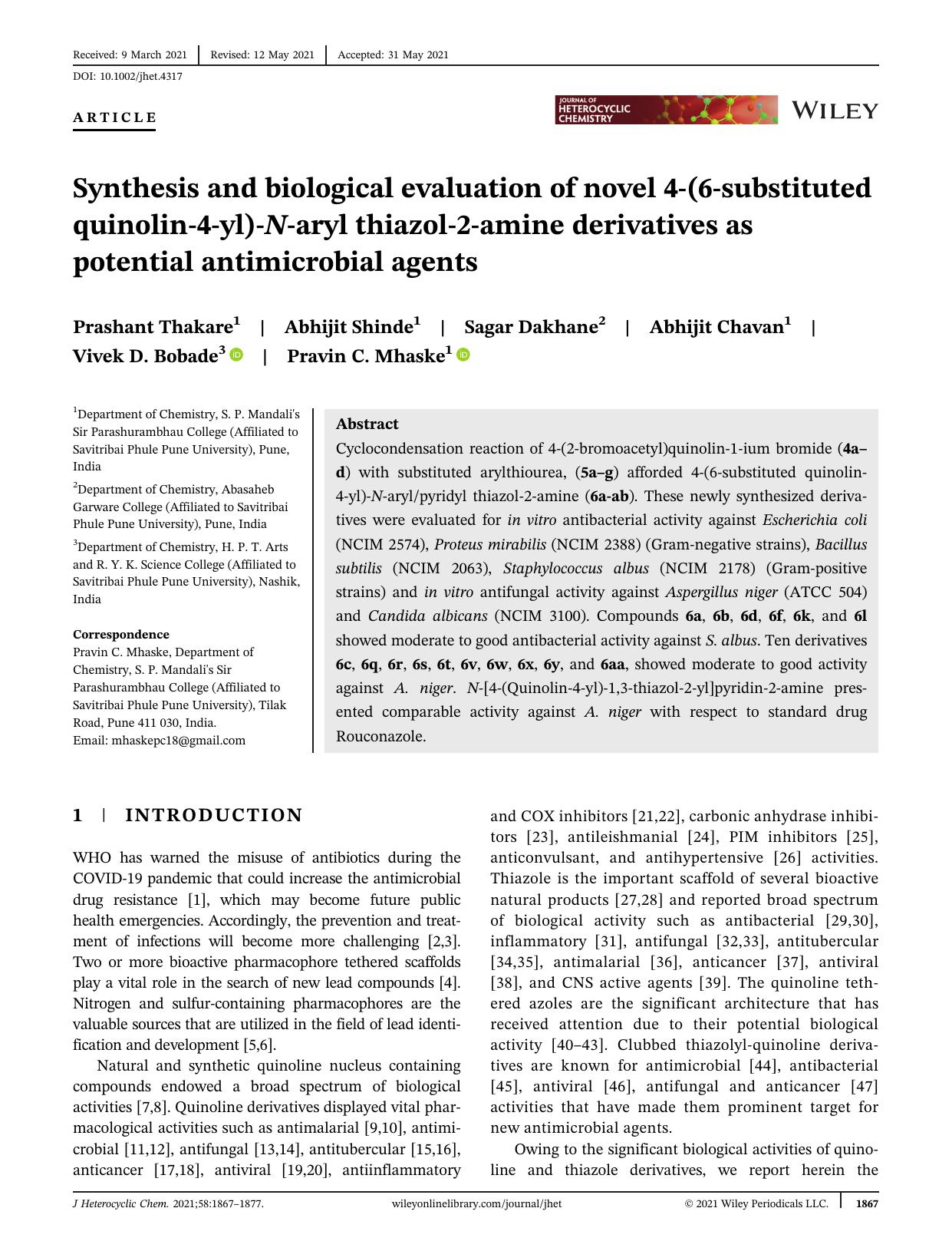 Synthesis and biological evaluation of novel 4-(6-substituted quinolin-4-yl)-N-arylthiazol-2-amine derivatives as potential antimicrobial agents by Unknown