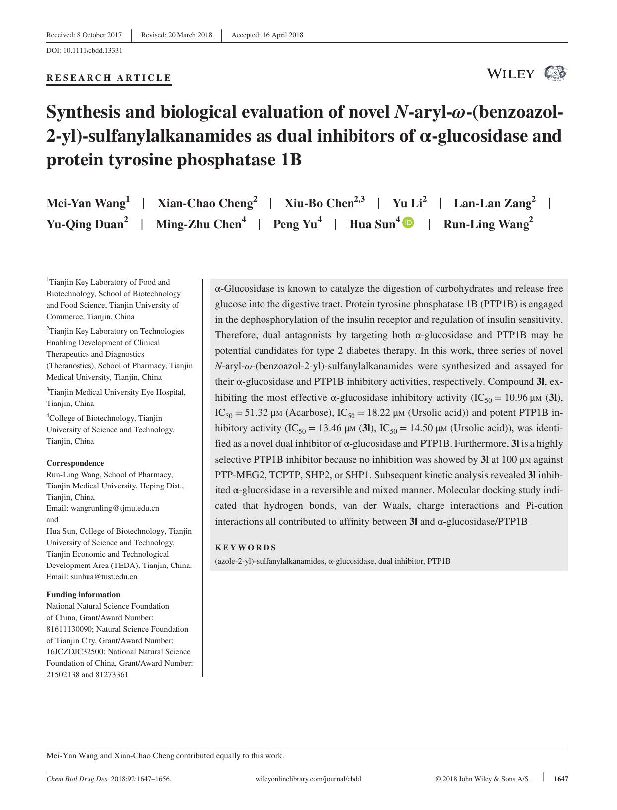 Synthesis and biological evaluation of novel N‐aryl‐ω‐(benzoazol‐2‐yl)‐sulfanylalkanamides as dual inhibitors of α‐glucosidase and protein tyrosine phosphatase 1B by unknow