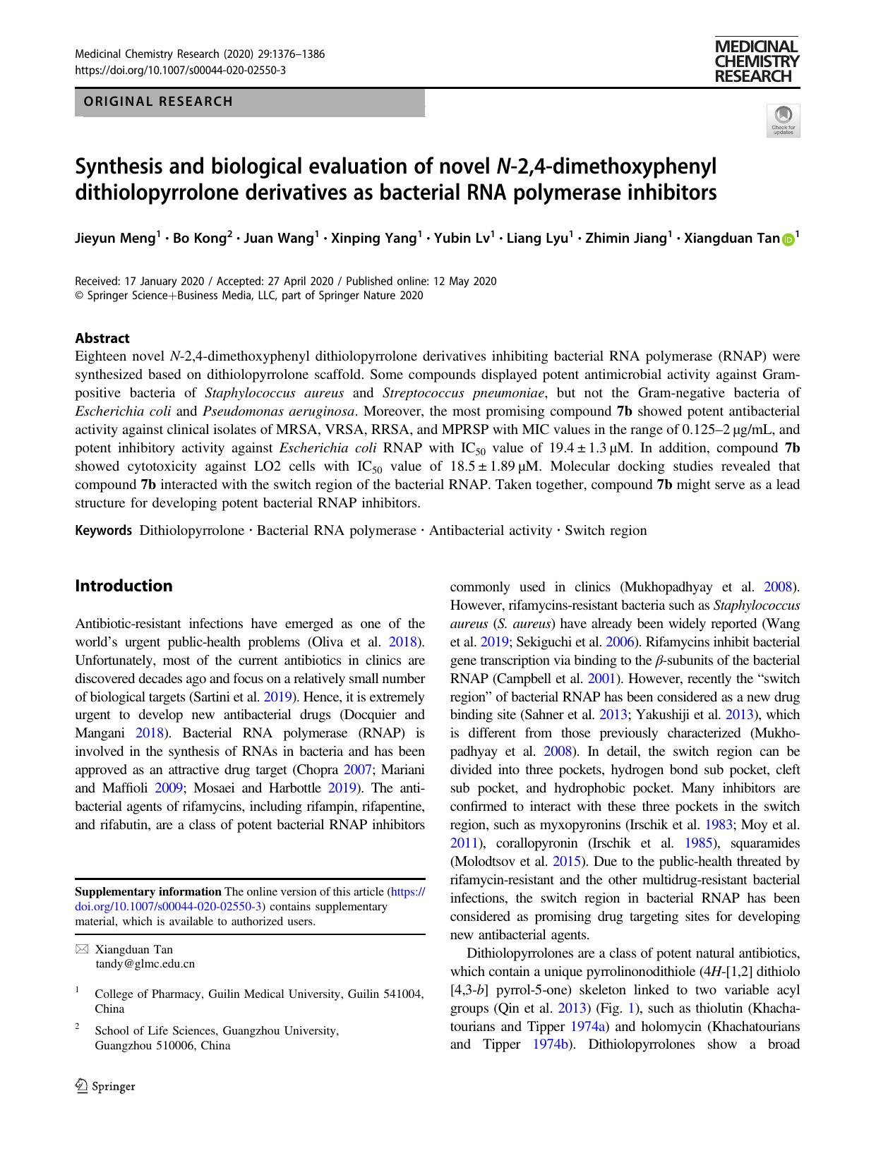 Synthesis and biological evaluation of novel N-2,4-dimethoxyphenyl dithiolopyrrolone derivatives as bacterial RNA polymerase inhibitors by unknow