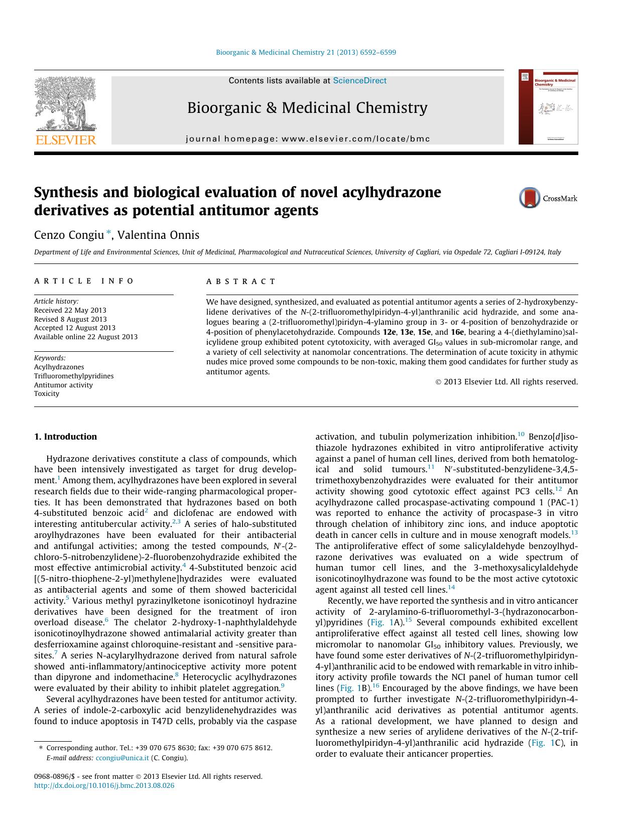 Synthesis and biological evaluation of novel acylhydrazone derivatives as potential antitumor agents by Cenzo Congiu & Valentina Onnis