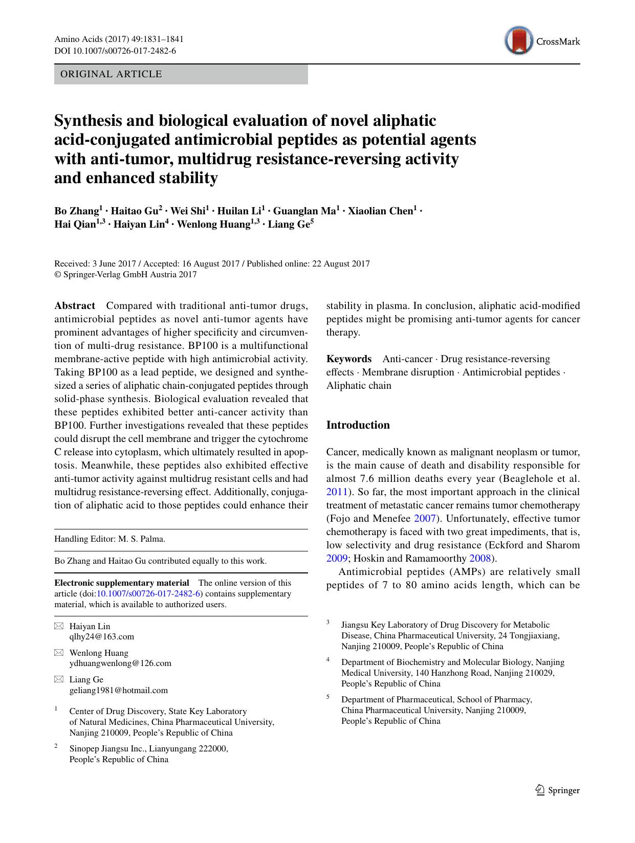 Synthesis and biological evaluation of novel aliphatic acid-conjugated antimicrobial peptides as potential agents with anti-tumor, multidrug resistance-reversing activity and enhanced stability by unknow
