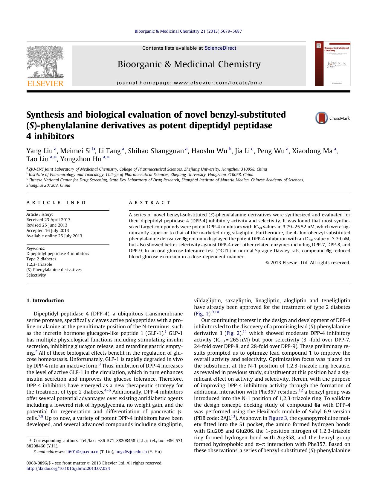 Synthesis and biological evaluation of novel benzyl-substituted (S)-phenylalanine derivatives as potent dipeptidyl peptidase 4 inhibitors by unknow