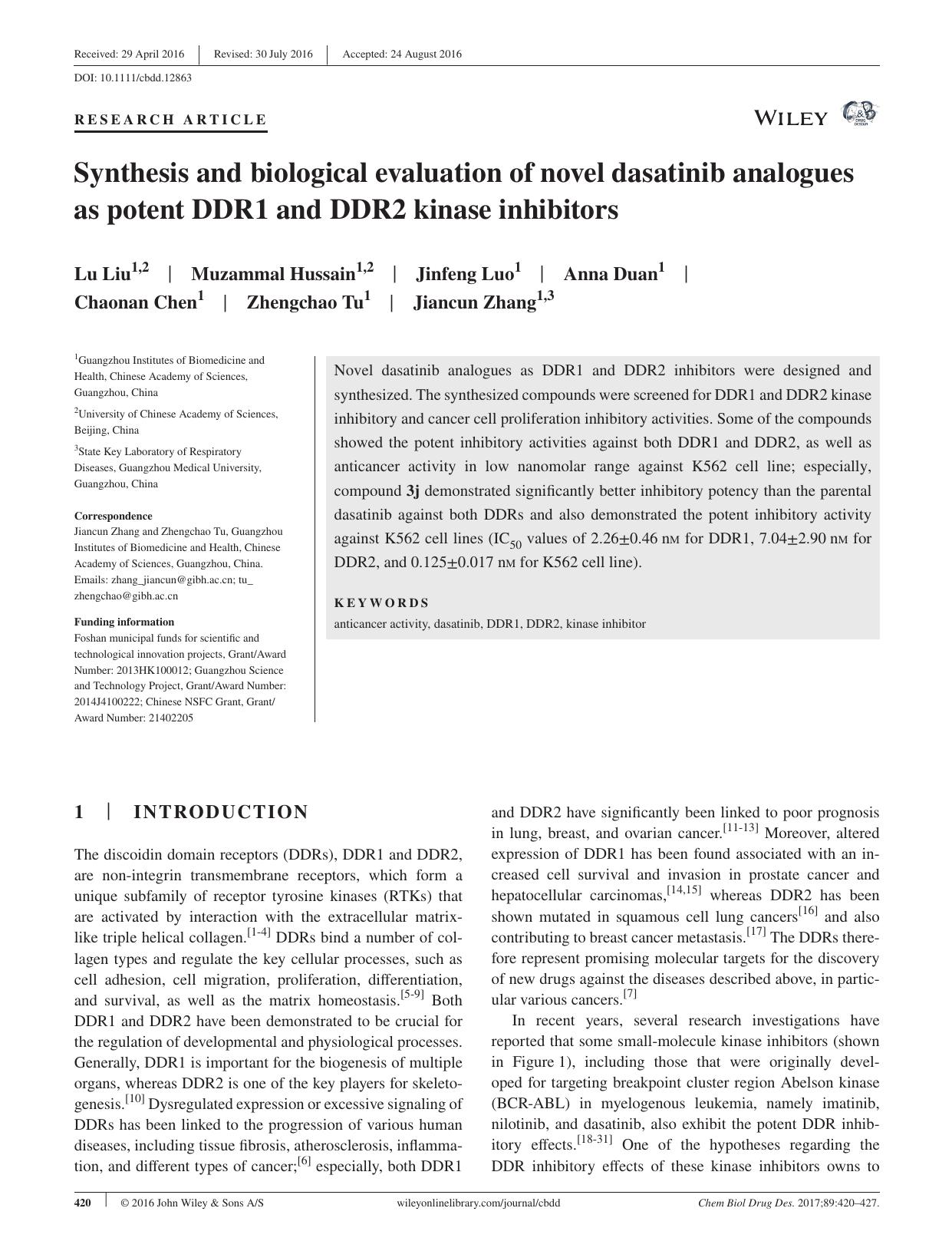 Synthesis and biological evaluation of novel dasatinib analogues as potent DDR1 and DDR2 kinase inhibitors by unknow
