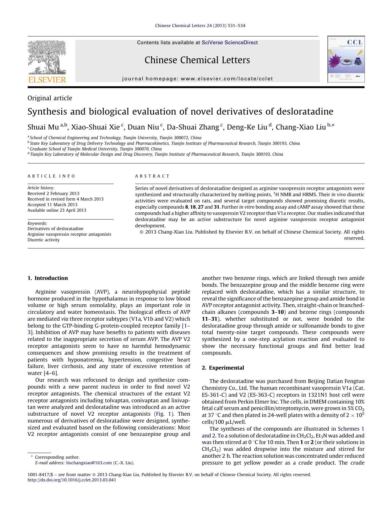 Synthesis and biological evaluation of novel derivatives of desloratadine by Shuai Mu