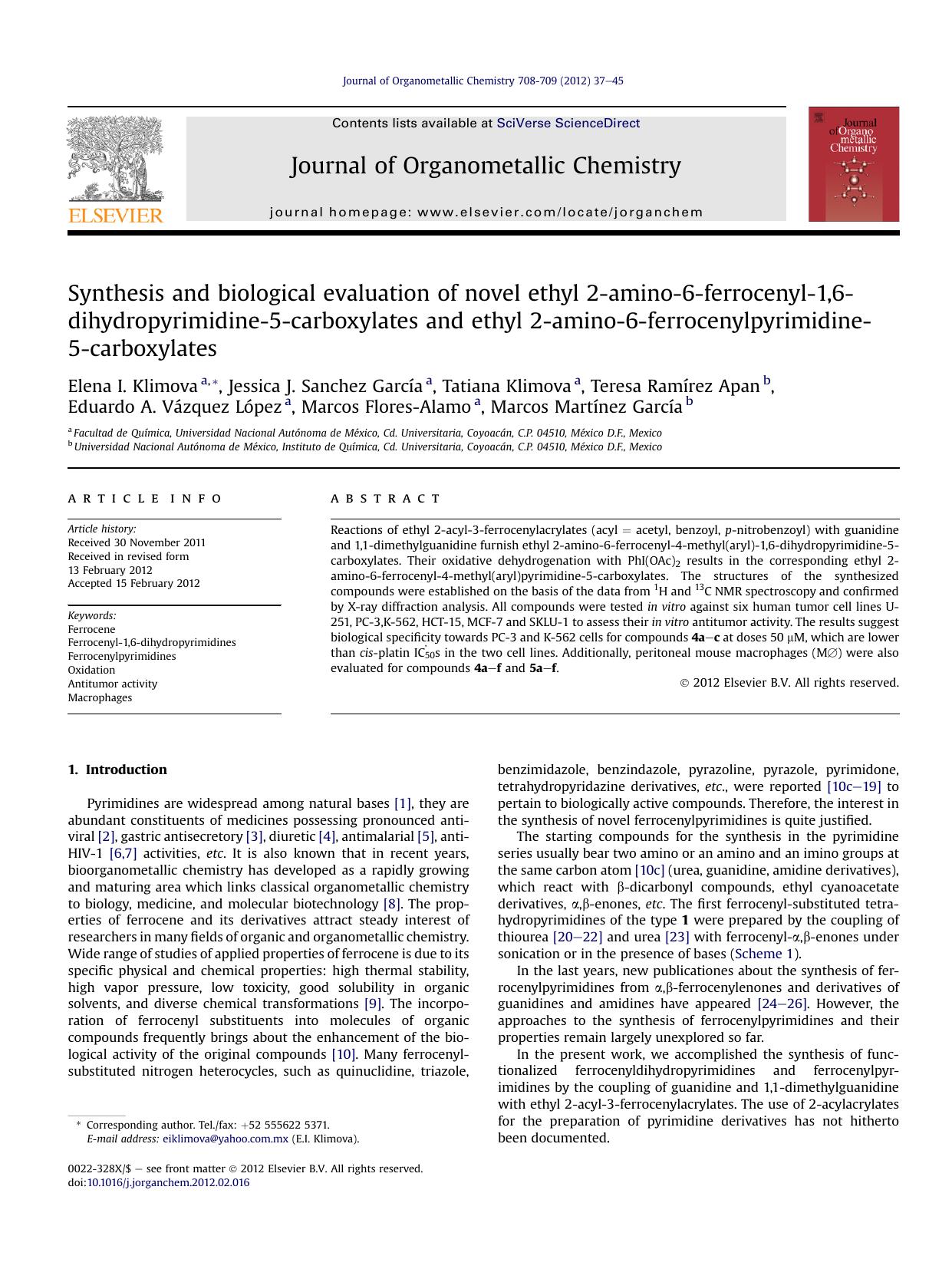 Synthesis and biological evaluation of novel ethyl 2-amino-6-ferrocenyl-1,6-dihydropyrimidine-5-carboxylates and ethyl 2-amino-6-ferrocenylpyrimidine-5-carboxylates by unknow