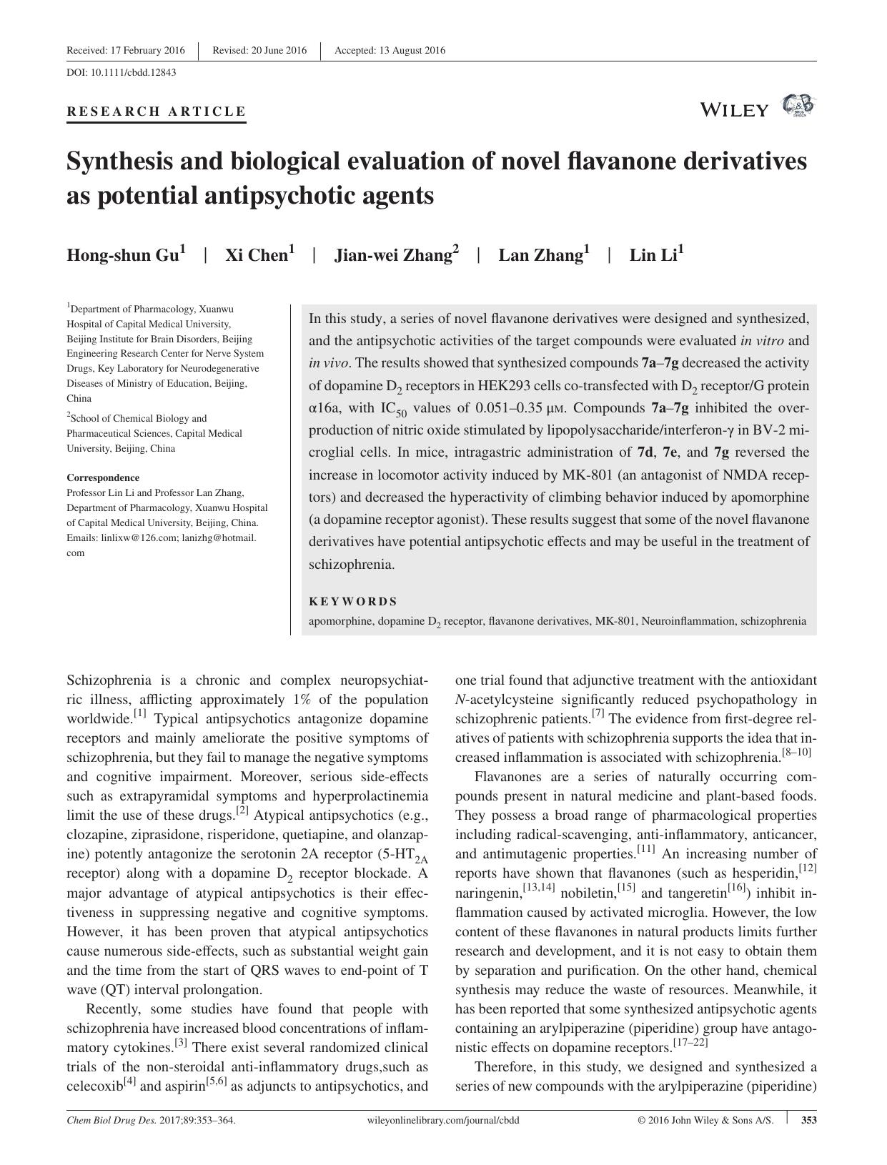 Synthesis and biological evaluation of novel flavanone derivatives as potential antipsychotic agents by unknow