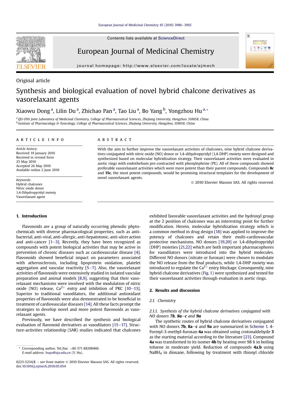 Synthesis and biological evaluation of novel hybrid chalcone derivatives as vasorelaxant agents by Xiaowu Dong & Lilin Du & Zhichao Pan & Tao Liu & Bo Yang & Yongzhou Hu