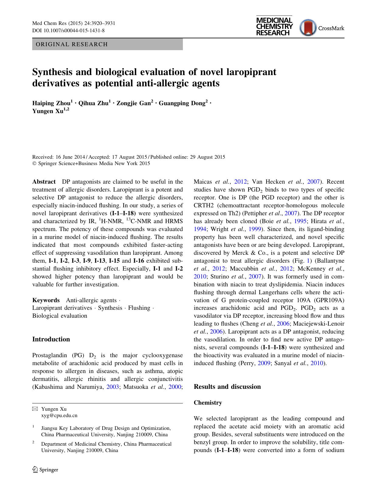 Synthesis and biological evaluation of novel laropiprant derivatives as potential anti-allergic agents by Haiping Zhou & Qihua Zhu & Zongjie Gan & Guangping Dong & Yungen Xu