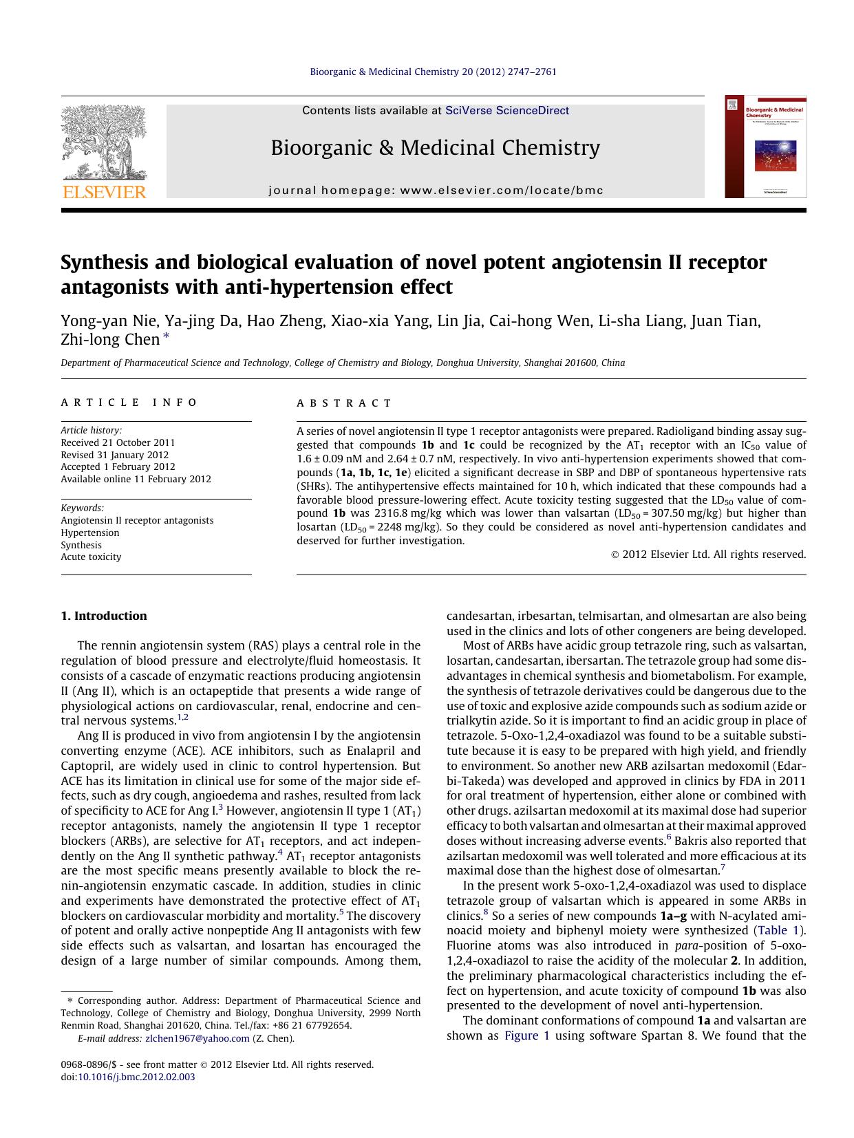 Synthesis and biological evaluation of novel potent angiotensin II receptor antagonists with anti-hypertension effect by unknow