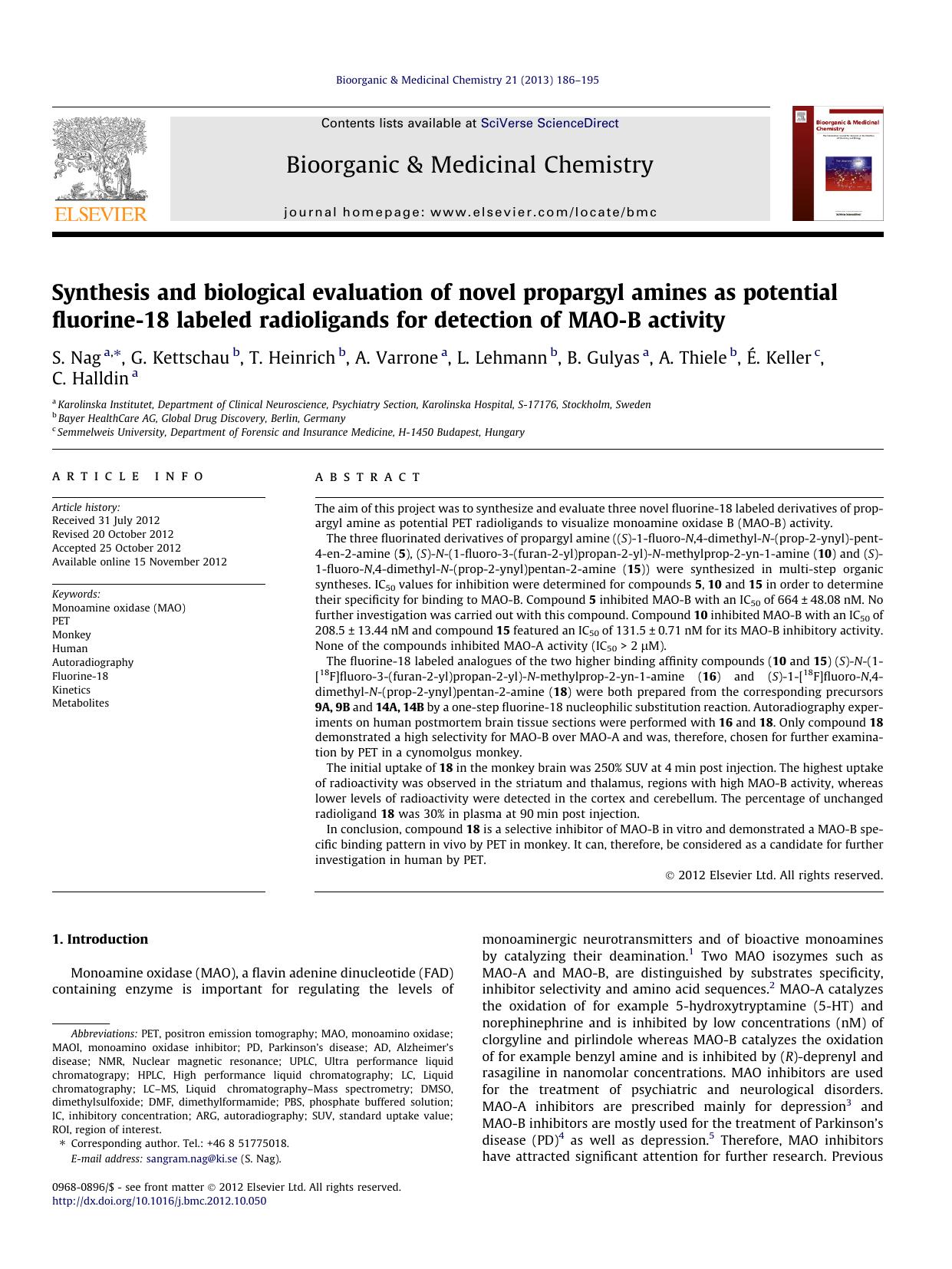 Synthesis and biological evaluation of novel propargyl amines as potential fluorine-18 labeled radioligands for detection of MAO-B activity by unknow
