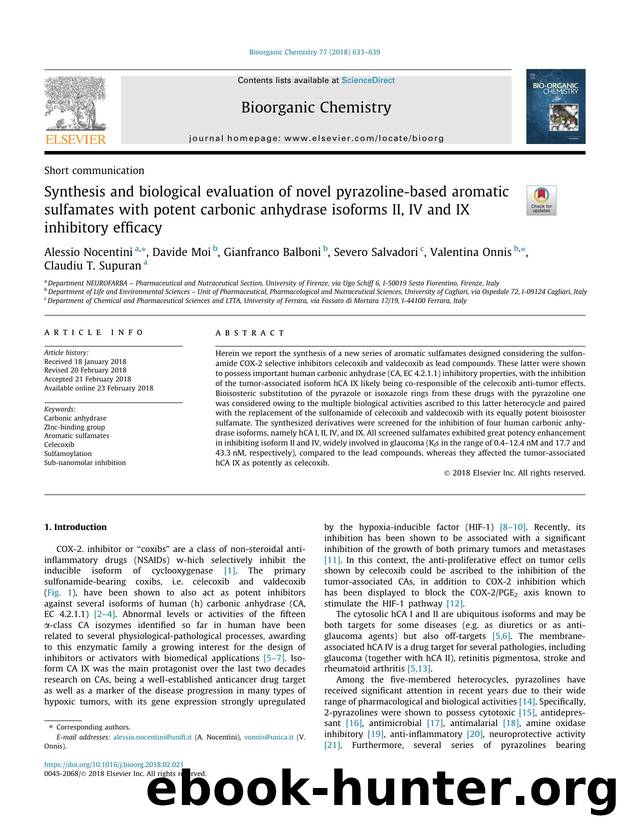 Synthesis and biological evaluation of novel pyrazoline-based aromatic sulfamates with potent carbonic anhydrase isoforms II, IV and IX inhibitory efficacy by unknow