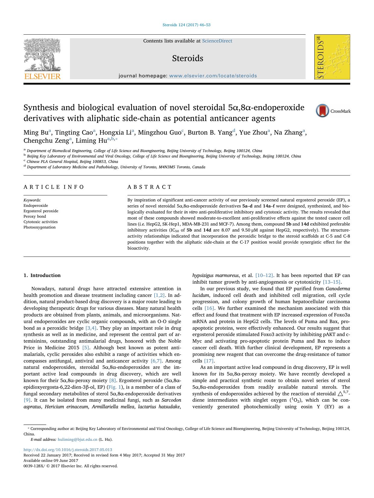 Synthesis and biological evaluation of novel steroidal 5α,8α-endoperoxide derivatives with aliphatic side-chain as potential anticancer agents by unknow