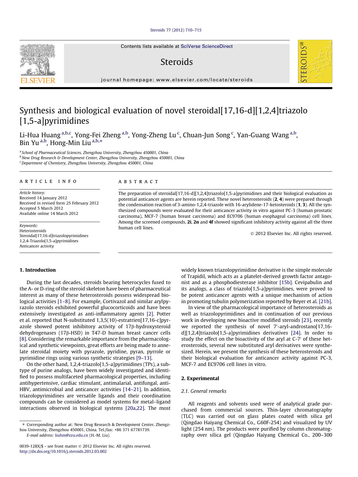 Synthesis and biological evaluation of novel steroidal[17,16-d][1,2,4]triazolo[1,5-a]pyrimidines by unknow
