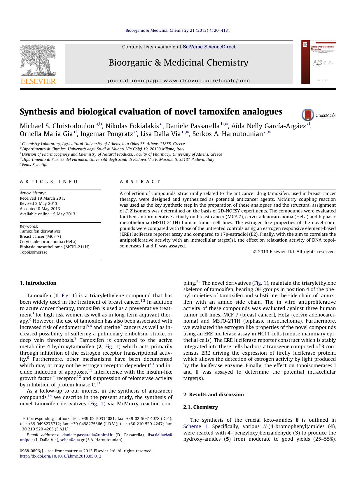 Synthesis and biological evaluation of novel tamoxifen analogues by unknow