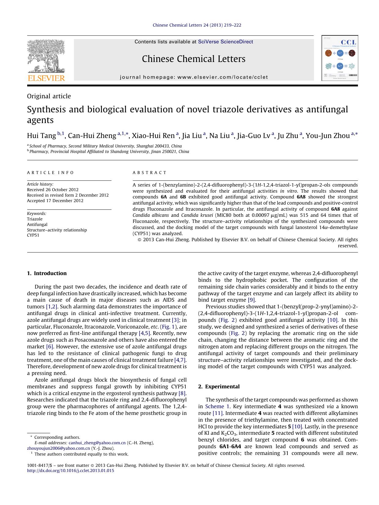 Synthesis and biological evaluation of novel triazole derivatives as antifungal agents by Hui Tang