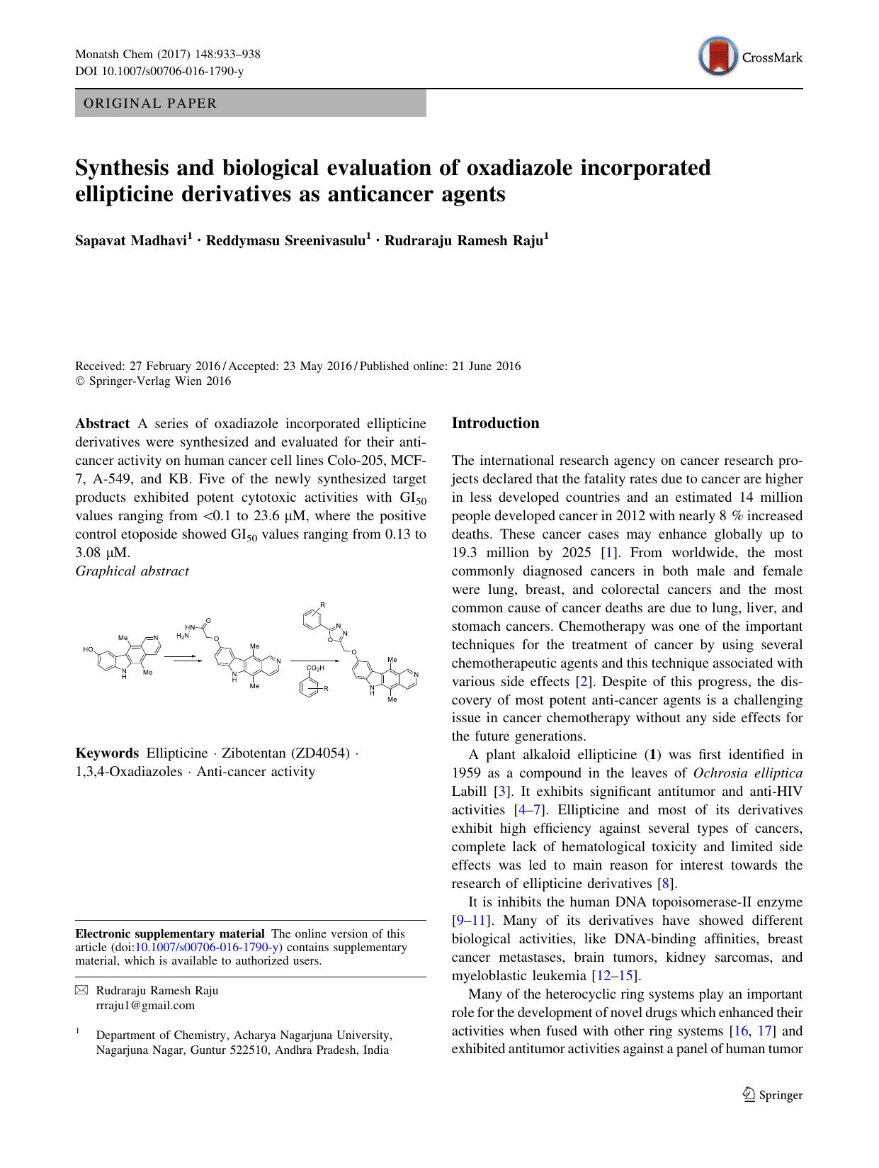 Synthesis and biological evaluation of oxadiazole incorporated ellipticine derivatives as anticancer agents by Sapavat Madhavi & Reddymasu Sreenivasulu & Rudraraju Ramesh Raju