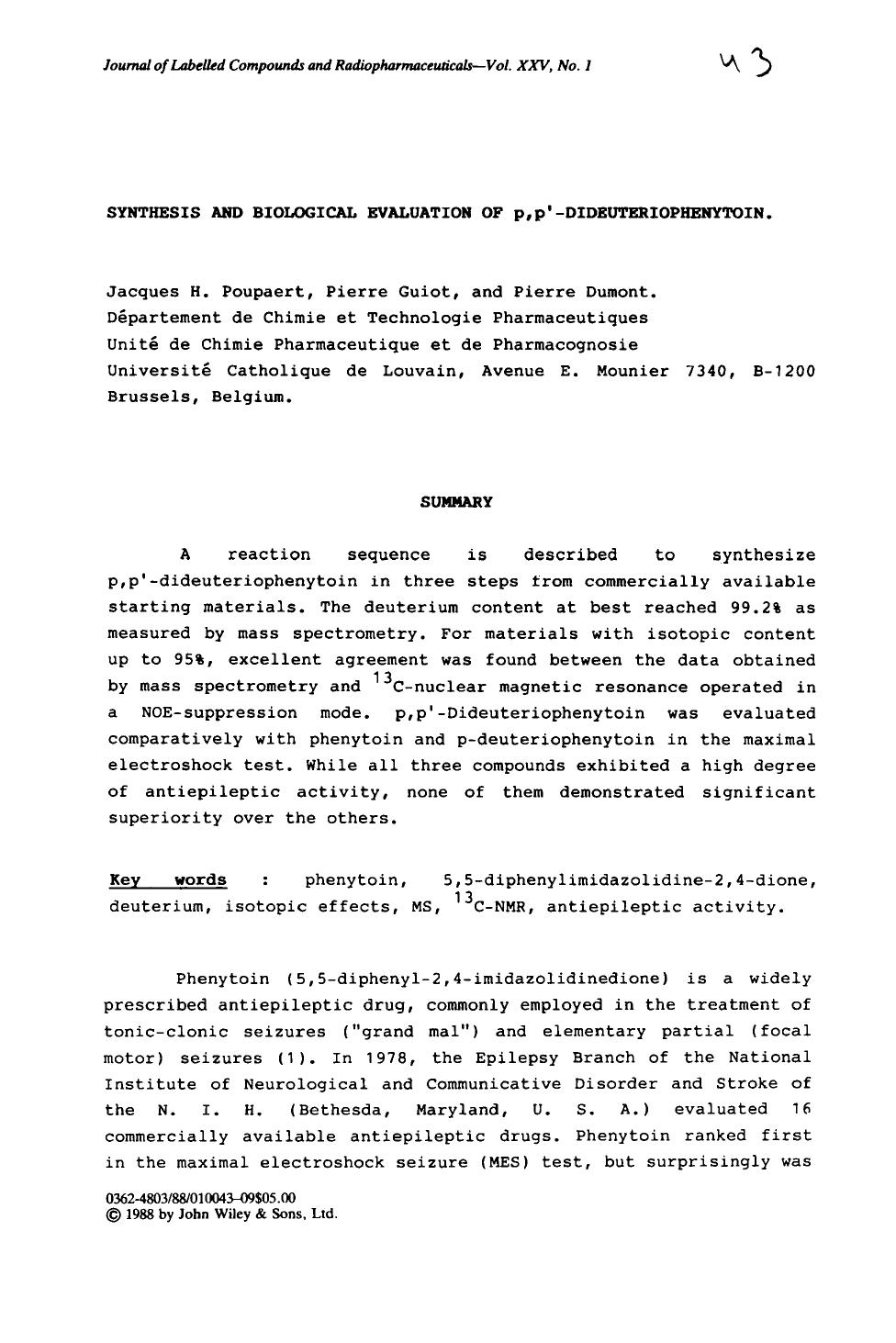 Synthesis and biological evaluation of p,p[prime]-dideuteriophenytoin by Unknown