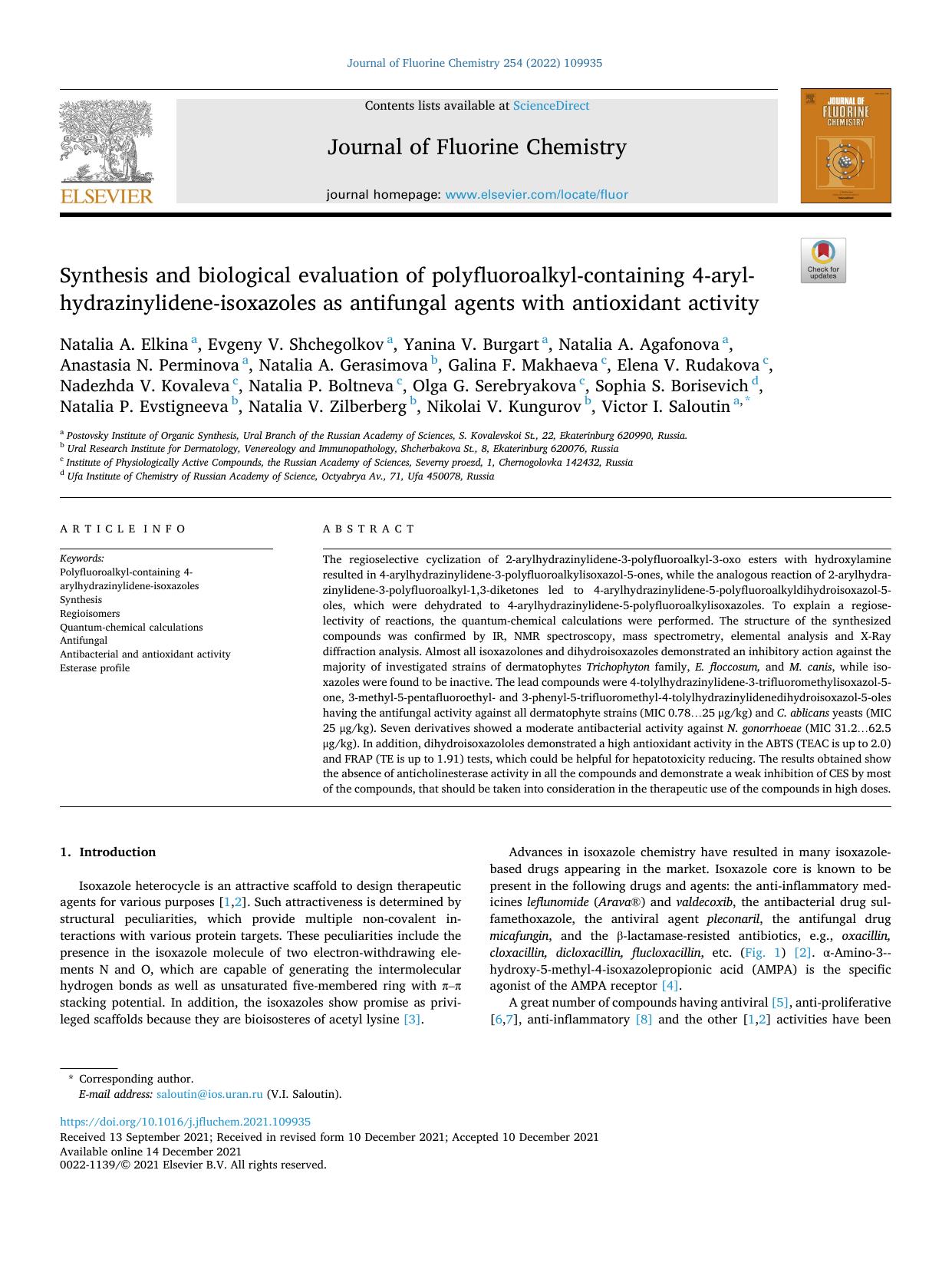 Synthesis and biological evaluation of polyfluoroalkyl-containing 4-arylhydrazinylidene-isoxazoles as antifungal agents with antioxidant activity by unknow