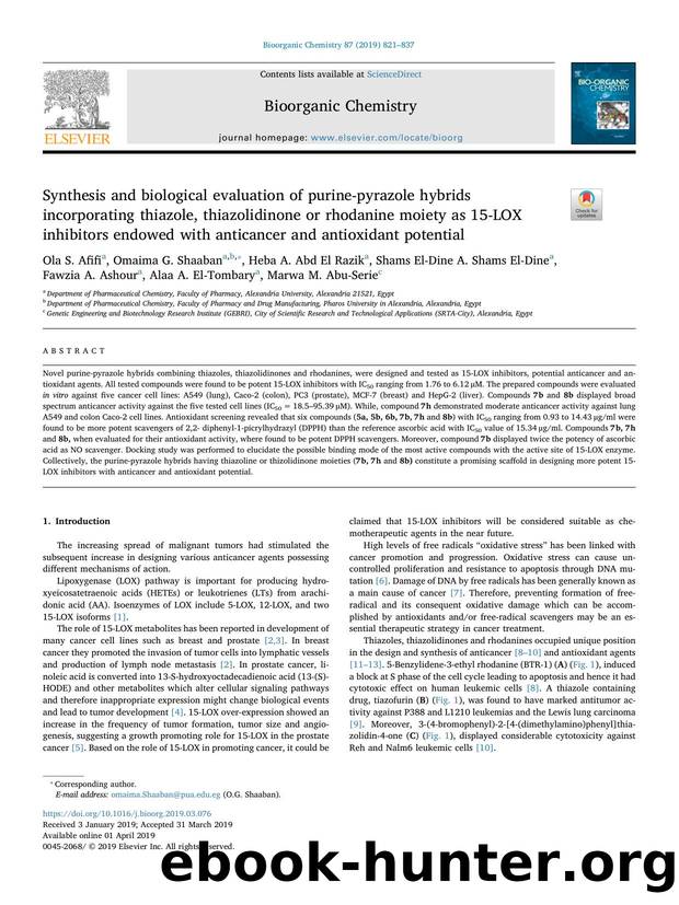 Synthesis and biological evaluation of purine-pyrazole hybrids incorporating thiazole, thiazolidinone or rhodanine moiety as 15-LOX inhibitors endowed with anticancer and antioxidant potential by unknow