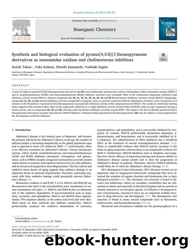 Synthesis and biological evaluation of pyrano[4,3-b][1]benzopyranone derivatives as monoamine oxidase and cholinesterase inhibitors by Koichi Takao & Yuka Kubota & Hitoshi Kamauchi & Yoshiaki Sugita