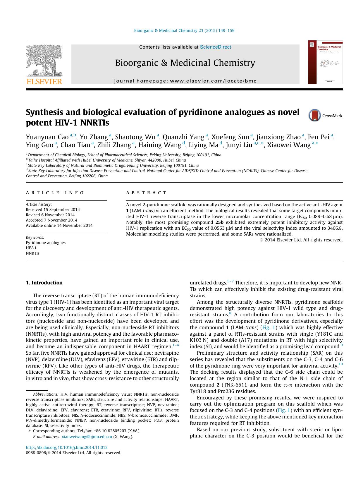 Synthesis and biological evaluation of pyridinone analogues as novel potent HIV-1 NNRTIs by unknow