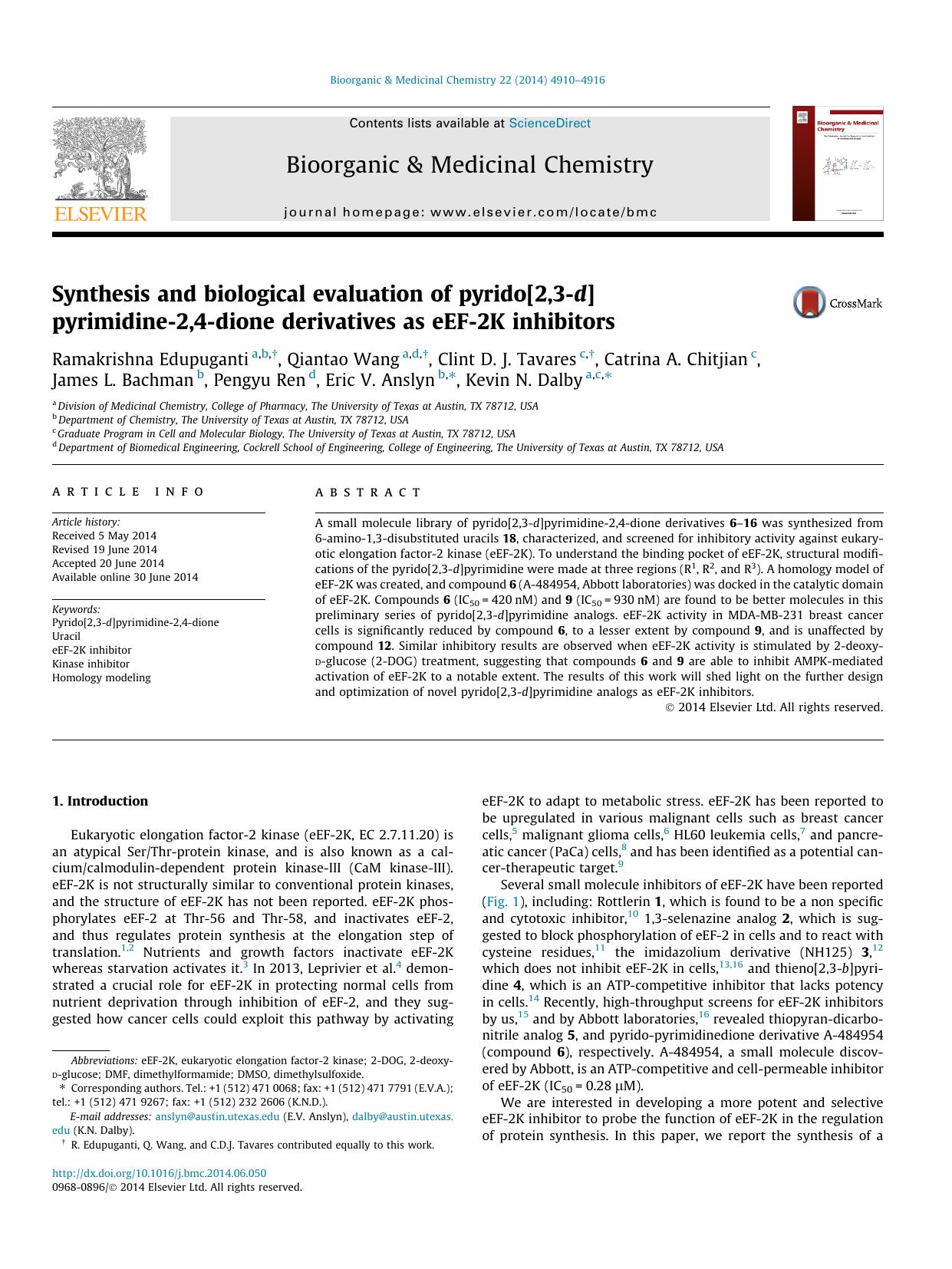 Synthesis and biological evaluation of pyrido[2,3-d]pyrimidine-2,4-dione derivatives as eEF-2K inhibitors by unknow