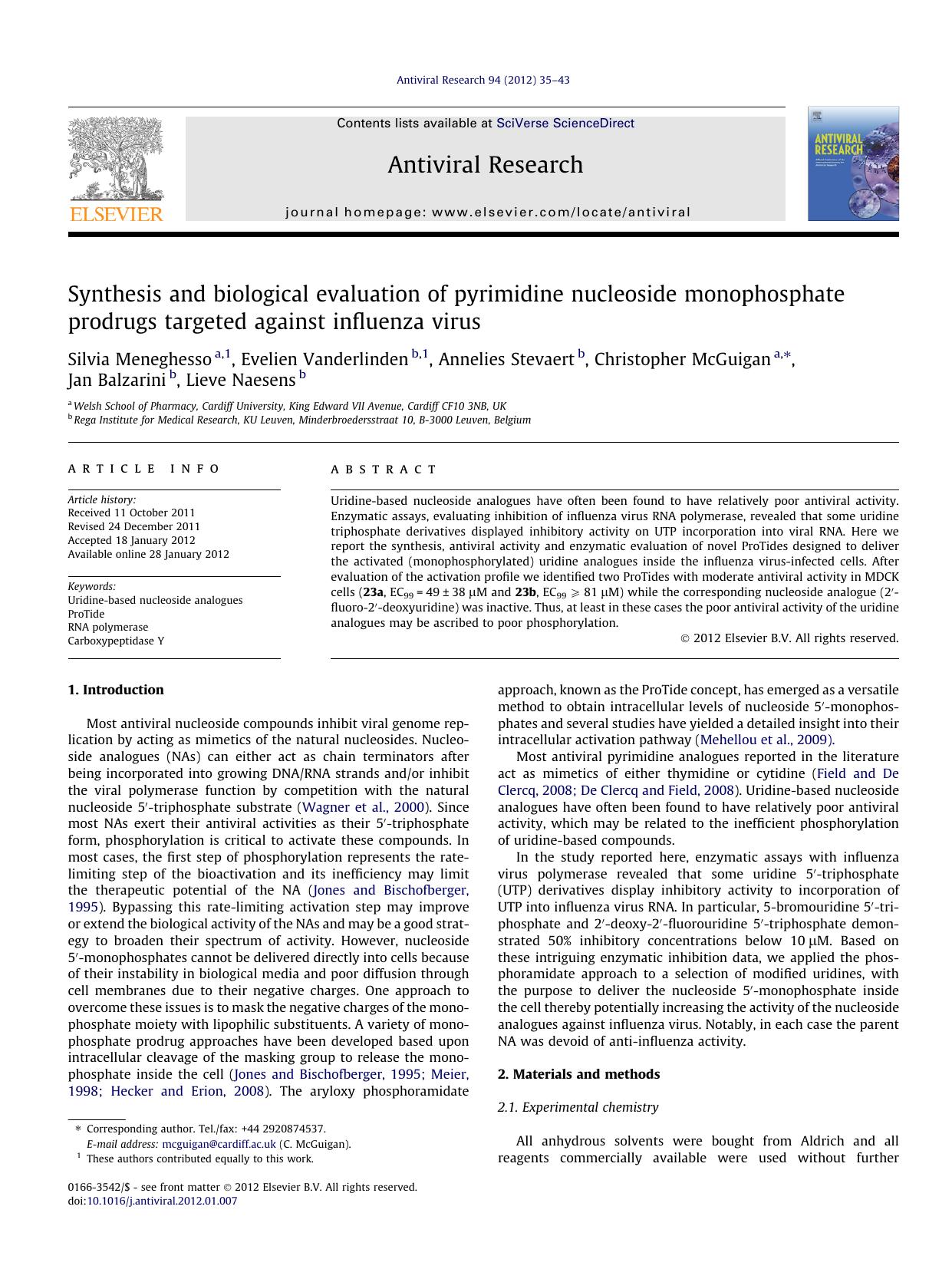 Synthesis and biological evaluation of pyrimidine nucleoside monophosphate prodrugs targeted against influenza virus by unknow