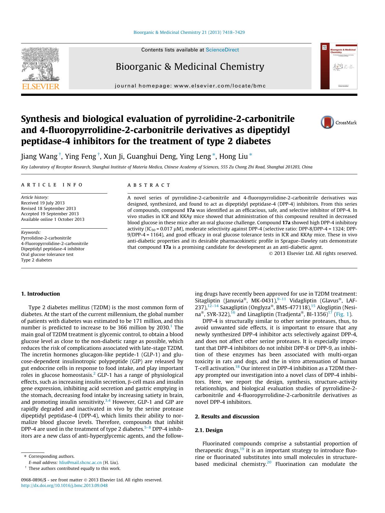Synthesis and biological evaluation of pyrrolidine-2-carbonitrile and 4-fluoropyrrolidine-2-carbonitrile derivatives as dipeptidyl peptidase-4 inhibitors for the treatment of type 2 diabetes by Jiang Wang & Ying Feng & Xun Ji & Guanghui Deng & Ying Leng & Hong Liu