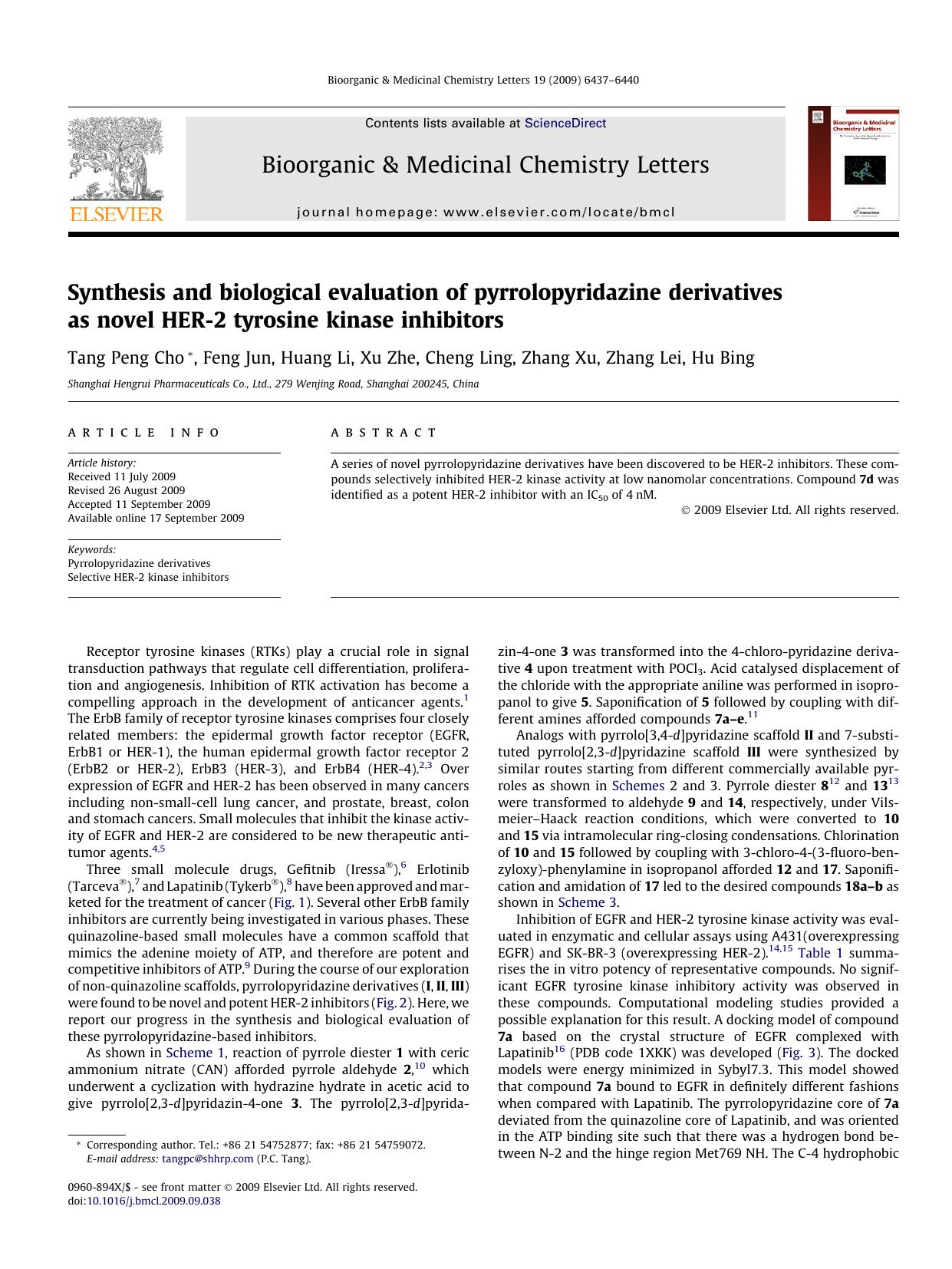 Synthesis and biological evaluation of pyrrolopyridazine derivatives as novel HER-2 tyrosine kinase inhibitors by Peng Cho Tang; Jun Feng; Li Huang; Zhe Xu; Ling Cheng; Xu Zhang; Lei Zhang; Bing Hu