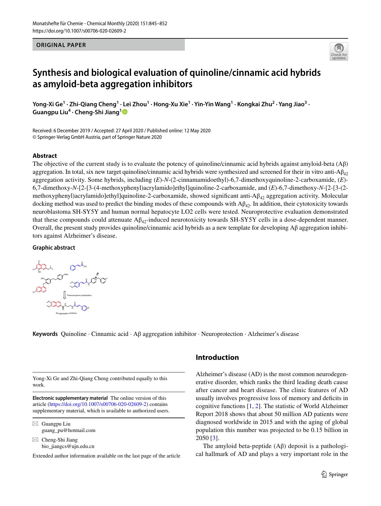 Synthesis and biological evaluation of quinolinecinnamic acid hybrids as amyloid-beta aggregation inhibitors by unknow