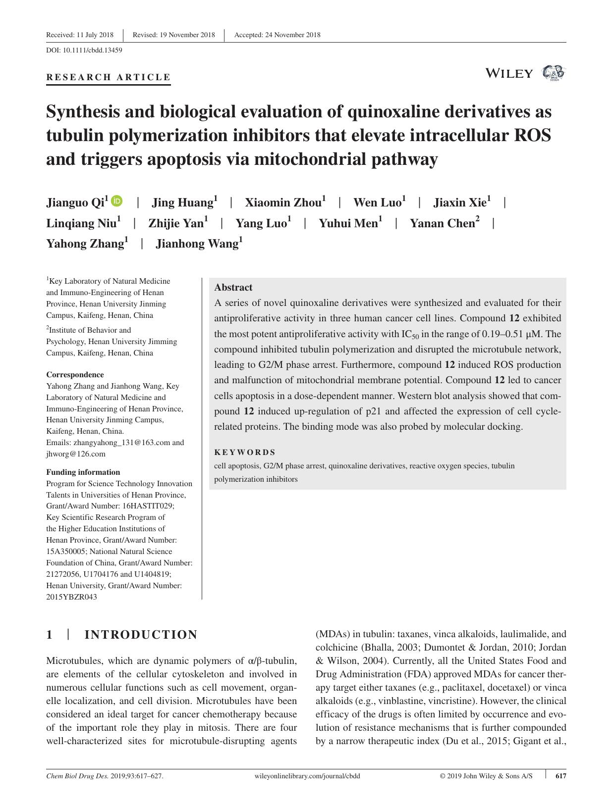 Synthesis and biological evaluation of quinoxaline derivatives as tubulin polymerization inhibitors that elevate intracellular ROS and triggers apoptosis via mitochondrial pathway by unknow