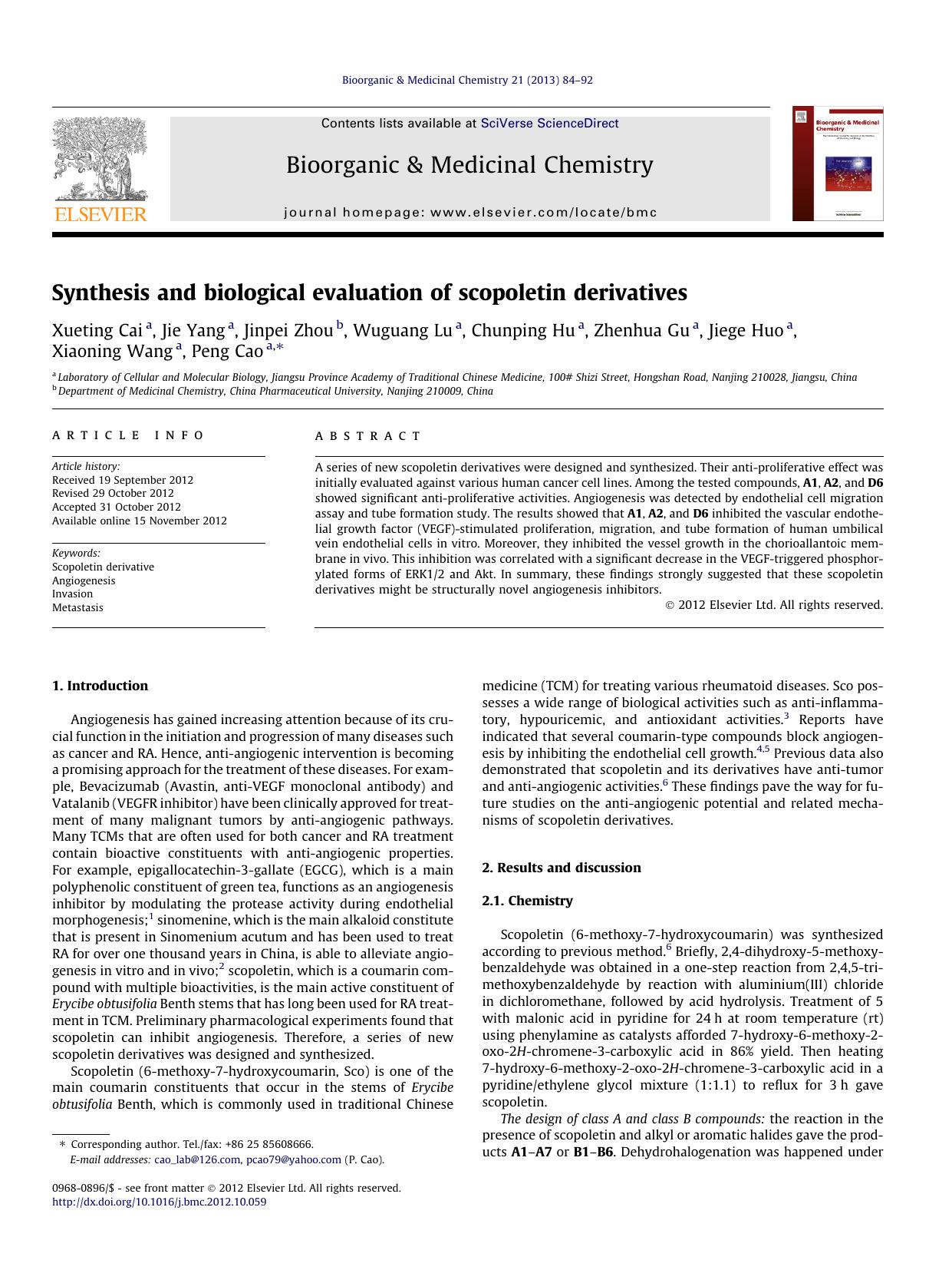 Synthesis and biological evaluation of scopoletin derivatives by unknow