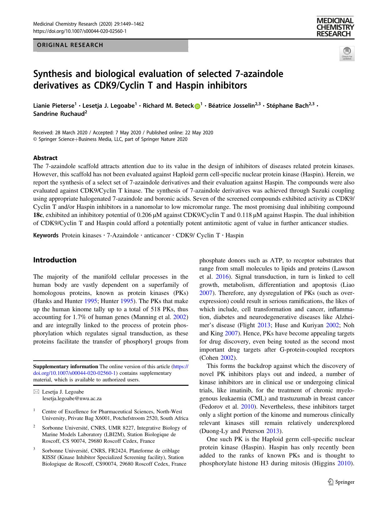 Synthesis and biological evaluation of selected 7-azaindole derivatives as CDK9Cyclin T and Haspin inhibitors by unknow
