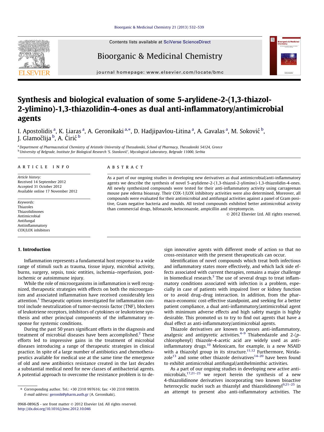 Synthesis and biological evaluation of some 5-arylidene-2-(1,3-thiazol-2-ylimino)-1,3-thiazolidin-4-ones as dual anti-inflammatoryantimicrobial agents by unknow