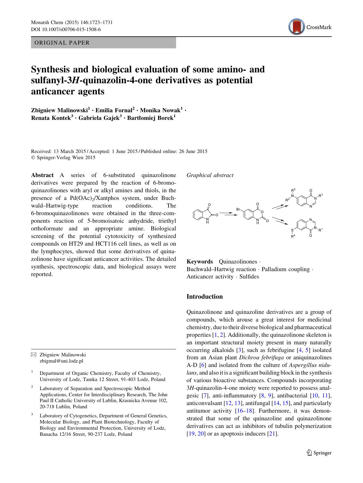Synthesis and biological evaluation of some amino- and sulfanyl-3H-quinazolin-4-one derivatives as potential anticancer agents by unknow