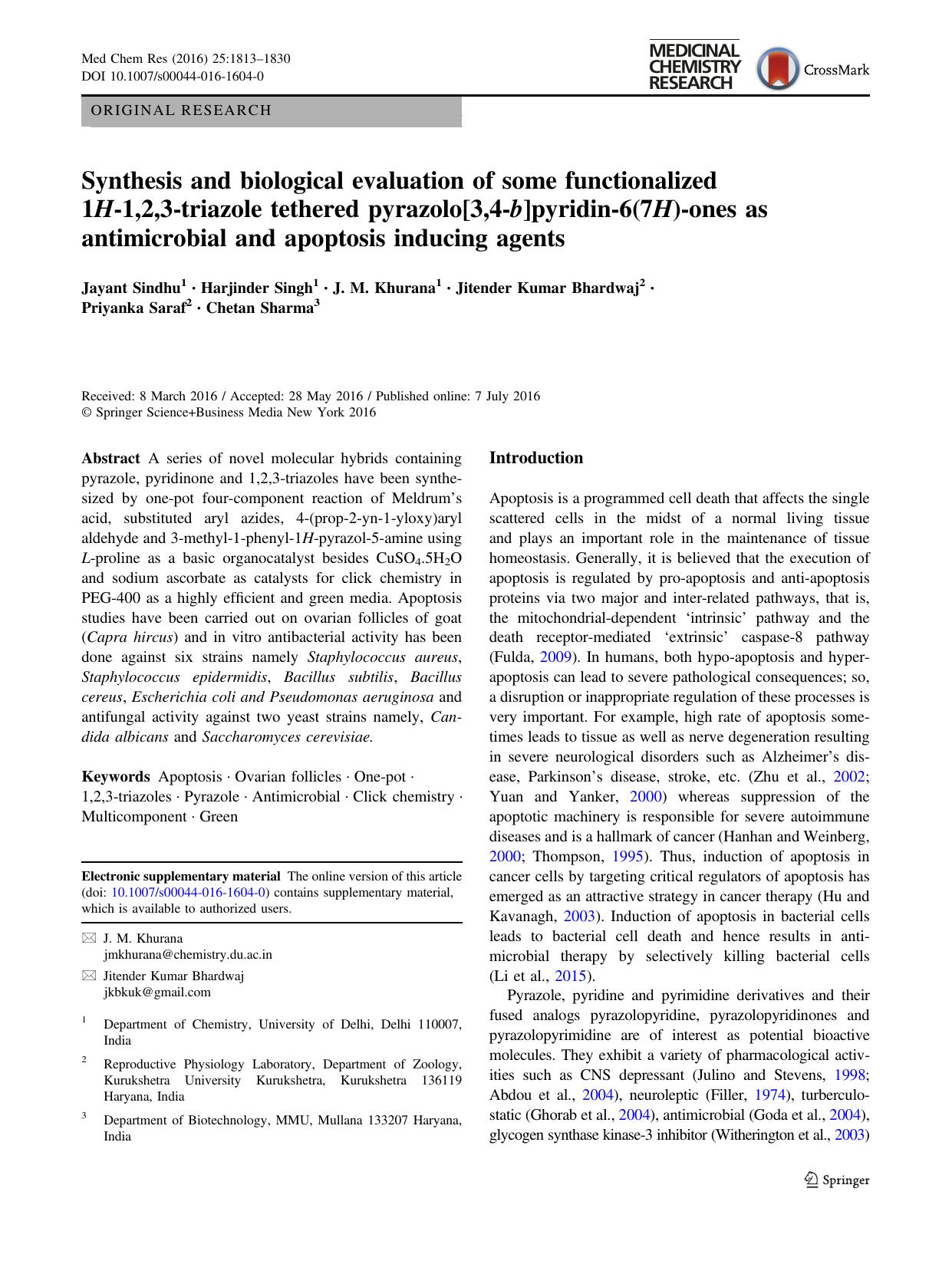 Synthesis and biological evaluation of some functionalized 1H-1,2,3-triazole tethered pyrazolo[3,4-b]pyridin-6(7H)-ones as antimicrobial and apoptosis inducing agents by unknow